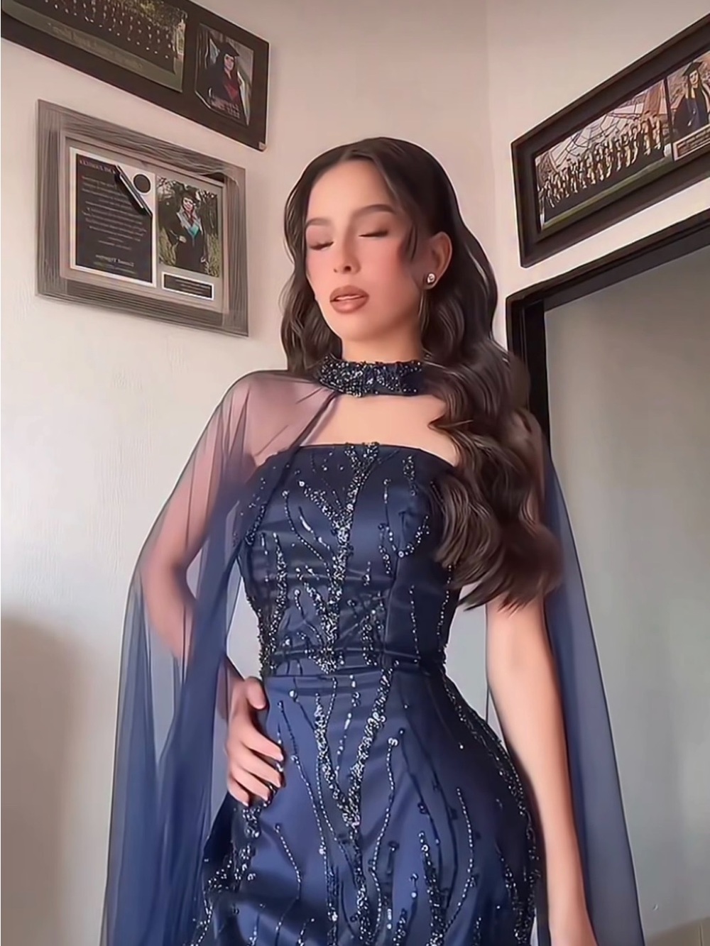 Elegant Navy Beaded Evening Dress with Sheer Cape